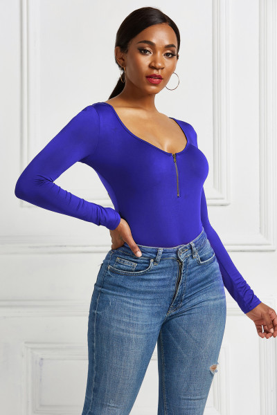 Solid color long sleeve round neck sexy jumpsuit