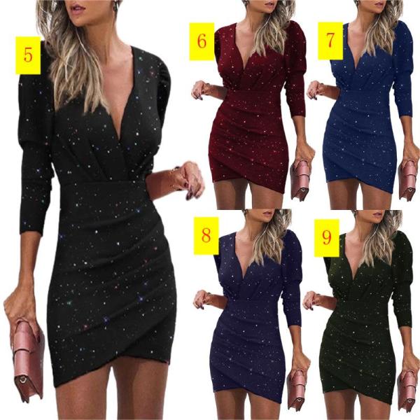 Narrow waist solid color V-neck long sleeve tight skirt ethnic style nightclub dress