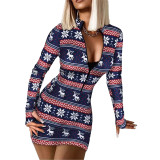 Printed Christmas V Leader Zipper Long Sleeve Christmas Dress Christmas Women's Dress