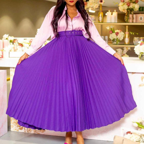 High waist and large hem medium long pleated skirt