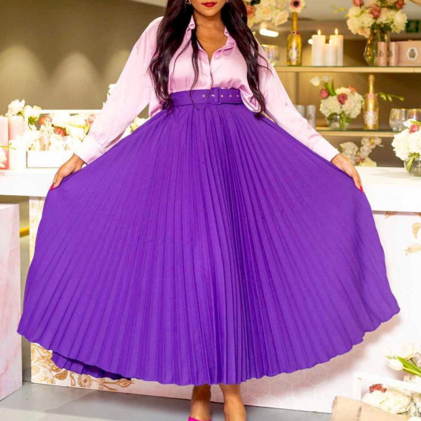 High waist and large hem medium long pleated skirt