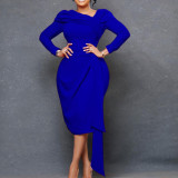 Solid long sleeve diagonal collar pleated pencil dress dress