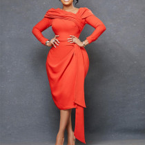 Solid long sleeve diagonal collar pleated pencil dress dress Solid long sleeve diagonal collar pleated pencil dress dress