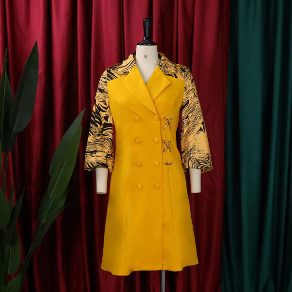 Fashion Tongle printed patchwork suit collar oversize dress