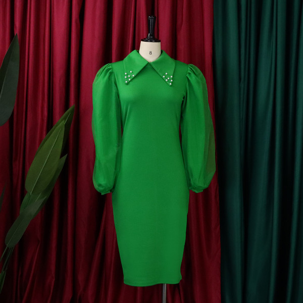 Long sleeved oversize wrap buttocks nail bead mesh splicing Tongle pencil skirt dress