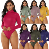 Long sleeve high neck slim fitting solid color bodysuit