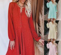 Solid V-neck long sleeve twist button casual dress for women