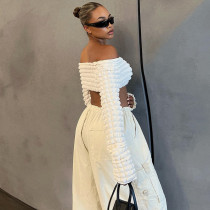 Hollow Bubble Exposed Umbilical Long Sleeve One Neck Top Sexy T-shirt