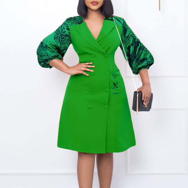 Fashion Tongle printed patchwork suit collar oversize dress
