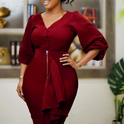 Autumn and winter V-neck long sleeve top hip wrap skirt two-piece suit