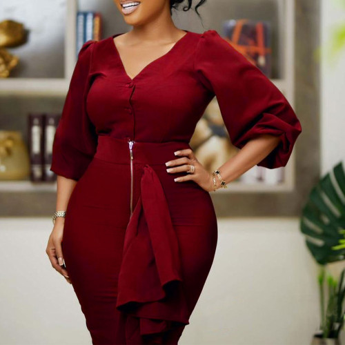 Autumn and winter V-neck long sleeve top hip wrap skirt two-piece suit