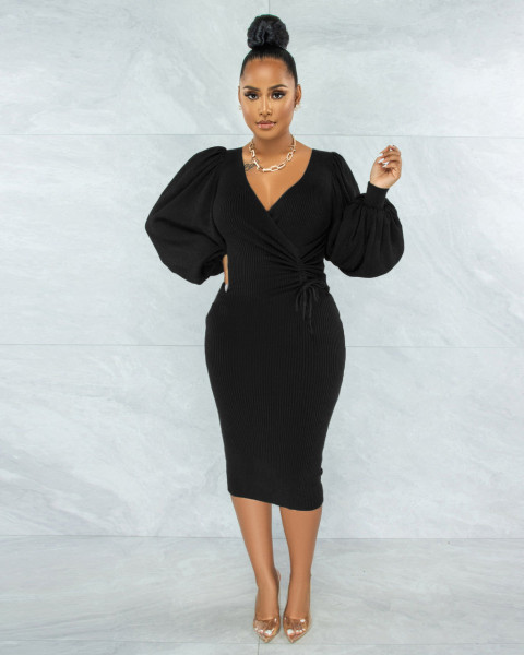 Solid color medium long bubble sleeve slim women's dress