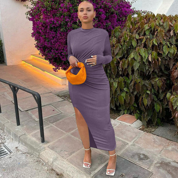 Fishtail long skirt round neck design sense shrink fold split bright silk knitted dress