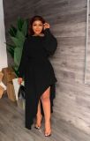 Loose irregular large hem long sleeved waist casual women's dress