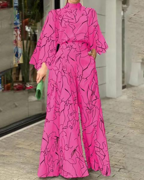 Elegant style waist tie long sleeve neck hanging trousers printed jumpsuit