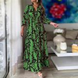 Long skirt with waistband pullover, bohemian print, long sleeve, big hem dress