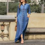 Elegant and neutral style long sleeve lapel cardigan solid long denim skirt