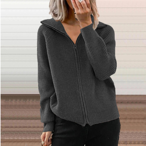 Stripe casual coat loose knit zipper cardigan long sleeve lapel sweater