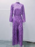 Elegant style waist tie long sleeve neck hanging trousers printed jumpsuit
