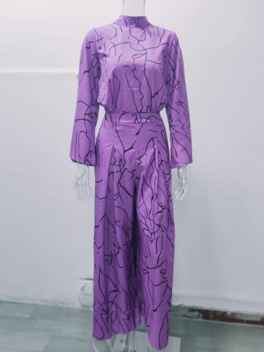 Elegant style waist tie long sleeve neck hanging trousers printed jumpsuit