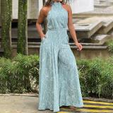 Elegant style waistband tied short sleeve neck hanging trousers printed jumpsuit