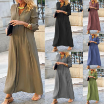 Large hem dress solid color lapel long sleeve simple casual long shirt dress
