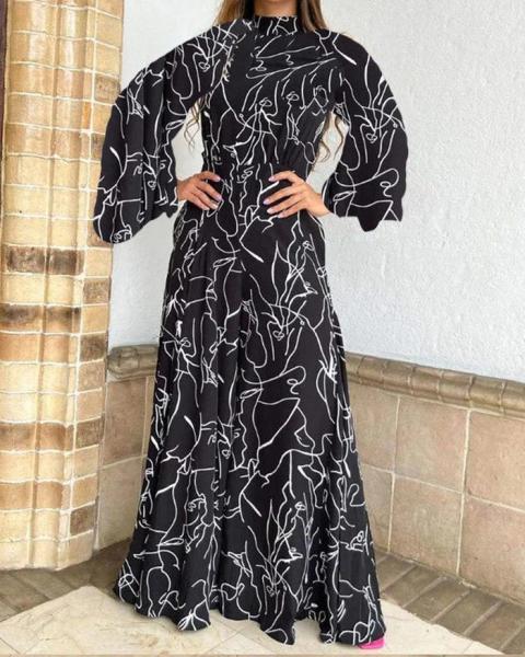 Elegant style waist tie long sleeve neck hanging trousers printed jumpsuit