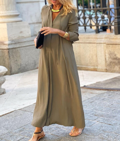 Large hem dress solid color lapel long sleeve simple casual long shirt dress