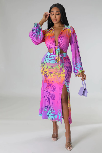 Sexy strap long sleeve cardigan fashionable printed split skirt two-piece set
