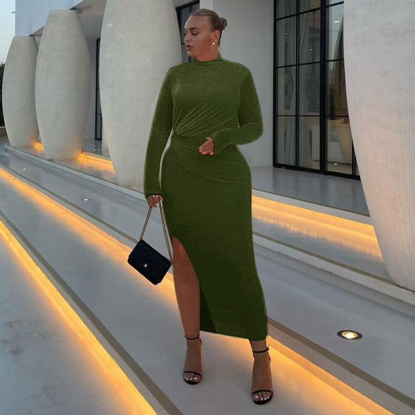 Fishtail long skirt round neck design sense shrink fold split bright silk knitted dress