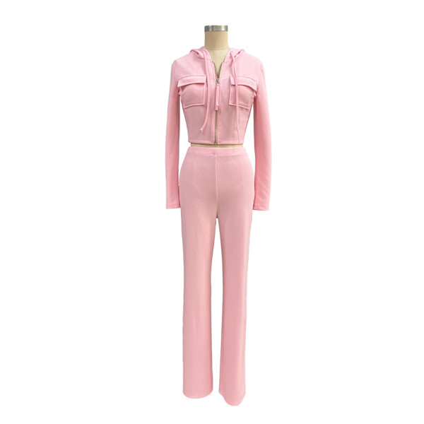 Knitted hooded cardigan casual loose trousers fashion sports two-piece set