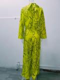 Elegant style waist tie long sleeve neck hanging trousers printed jumpsuit
