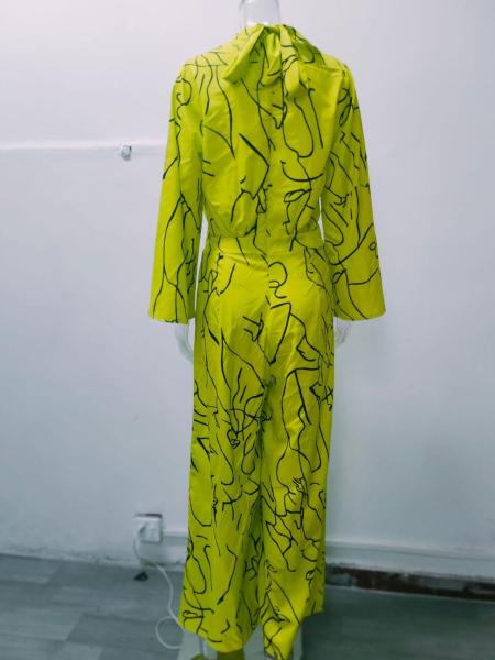 Elegant style waist tie long sleeve neck hanging trousers printed jumpsuit
