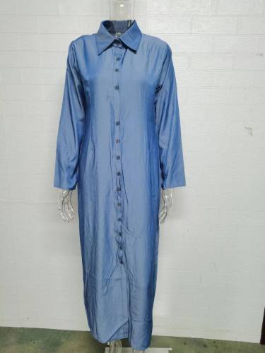 Elegant and neutral style long sleeve lapel cardigan solid long denim skirt