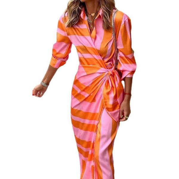 Fashion printed shirt collar lace up mid length striped dress