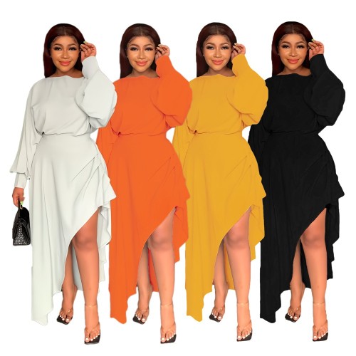 Loose irregular large hem long sleeved waist casual women's dress