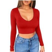 Solid color base coat sexy super short low cut bodice bodice tight long sleeve t-shirt Solid color base coat sexy super short low cut bodice bodice tight long sleeve t-shirt