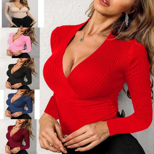 Temperament knitted pullover V-neck slim women's T-shirt