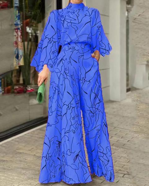 Elegant style waist tie long sleeve neck hanging trousers printed jumpsuit