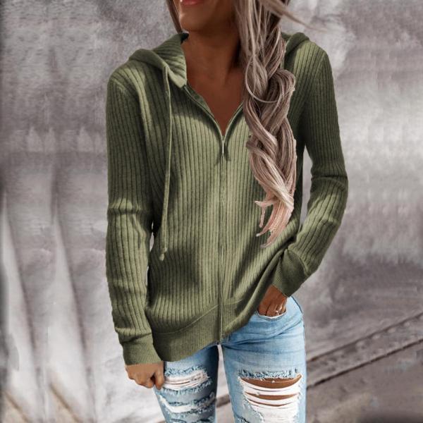 Stripe casual sweater loose knit zipper cardigan long sleeve hooded sweater