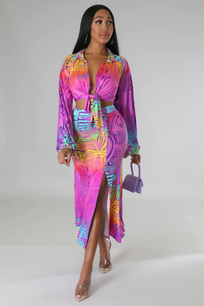 Sexy strap long sleeve cardigan fashionable printed split skirt two-piece set