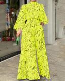 Elegant style waist tie long sleeve neck hanging trousers printed jumpsuit
