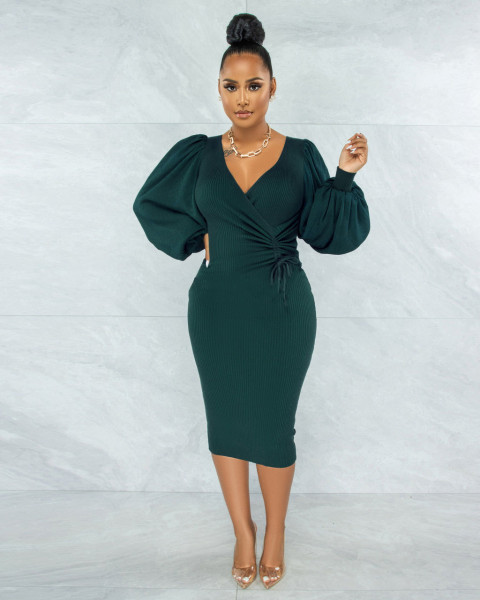 Solid color medium long bubble sleeve slim women's dress