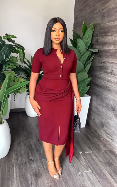Short sleeve temperament, solid color, waist closing, slim fitting, hip bag, medium length women's dress