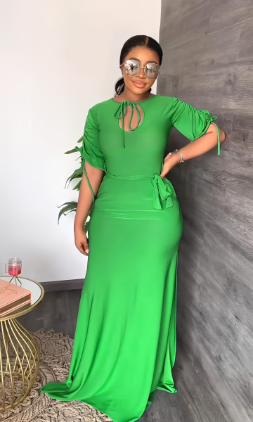 Solid color medium long sleeve temperament high split women's drawstring long dress dress