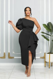 One shoulder slit dress temperament bubble sleeve fashion slim women's dress
