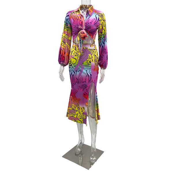 Sexy strap long sleeve cardigan fashionable printed split skirt two-piece set
