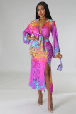 Sexy strap long sleeve cardigan fashionable printed split skirt two-piece set
