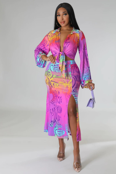 Sexy strap long sleeve cardigan fashionable printed split skirt two-piece set