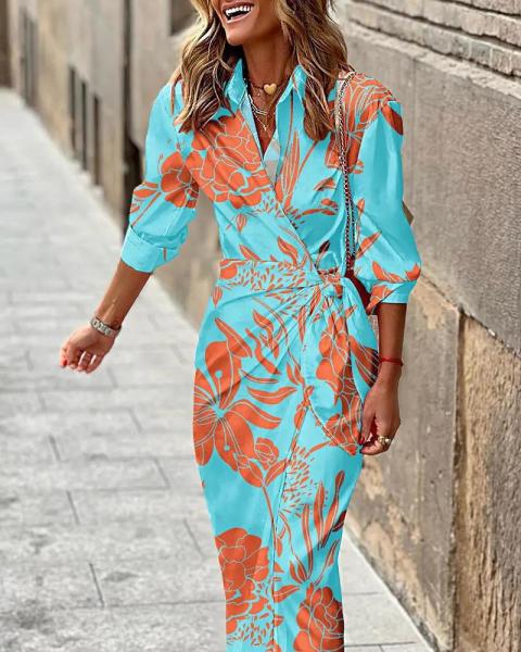 Fashion printed shirt collar lace up mid length striped dress